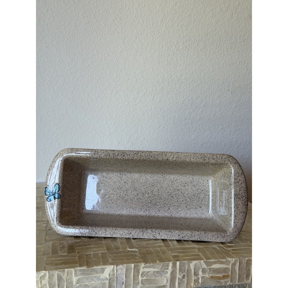Vintage Speckled Stoneware Rectangular Dish Blue Butterfly Cottage Kitchen Decor